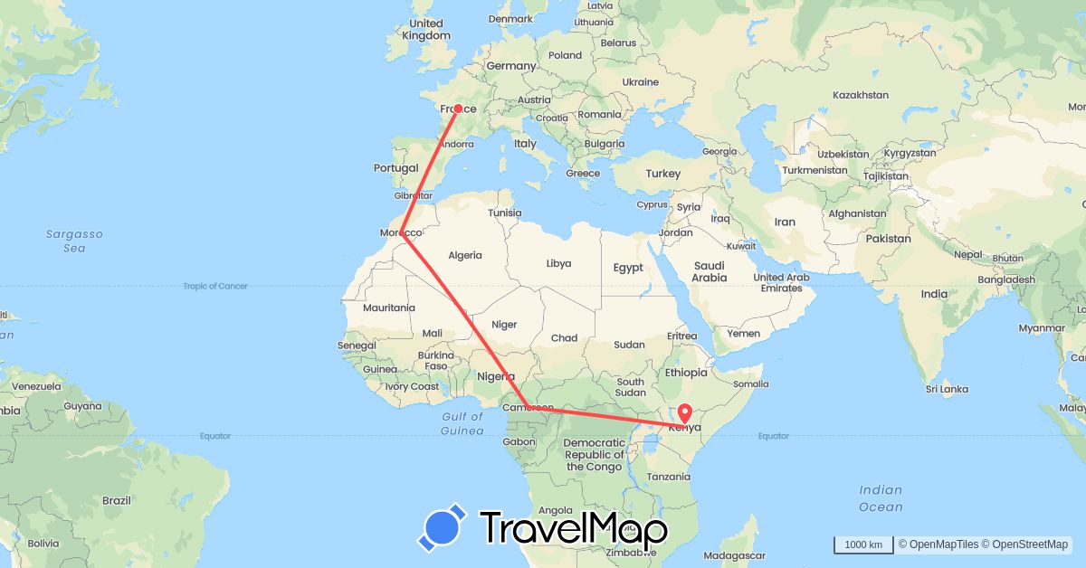 TravelMap itinerary: hiking in Cameroon, France, Kenya, Morocco (Africa, Europe)